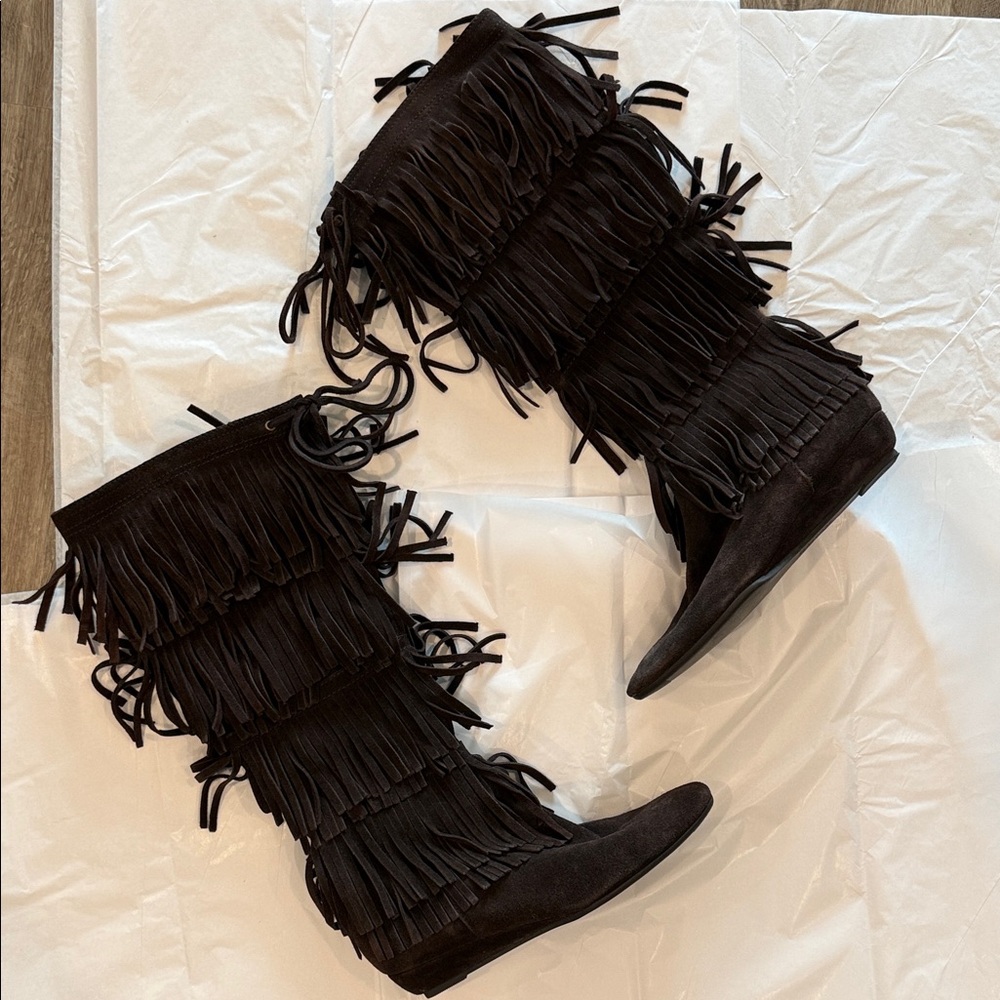 Fringed Knee-High Suede Boots - Brown